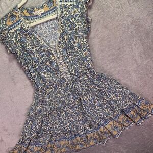Iris Maxi‎ Women Dress Sz 10 Blue Paisley Floral Tiered Boho Flutter Sleeve Mini